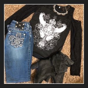 NWOT Black & White Cross Graphic With Lace Top